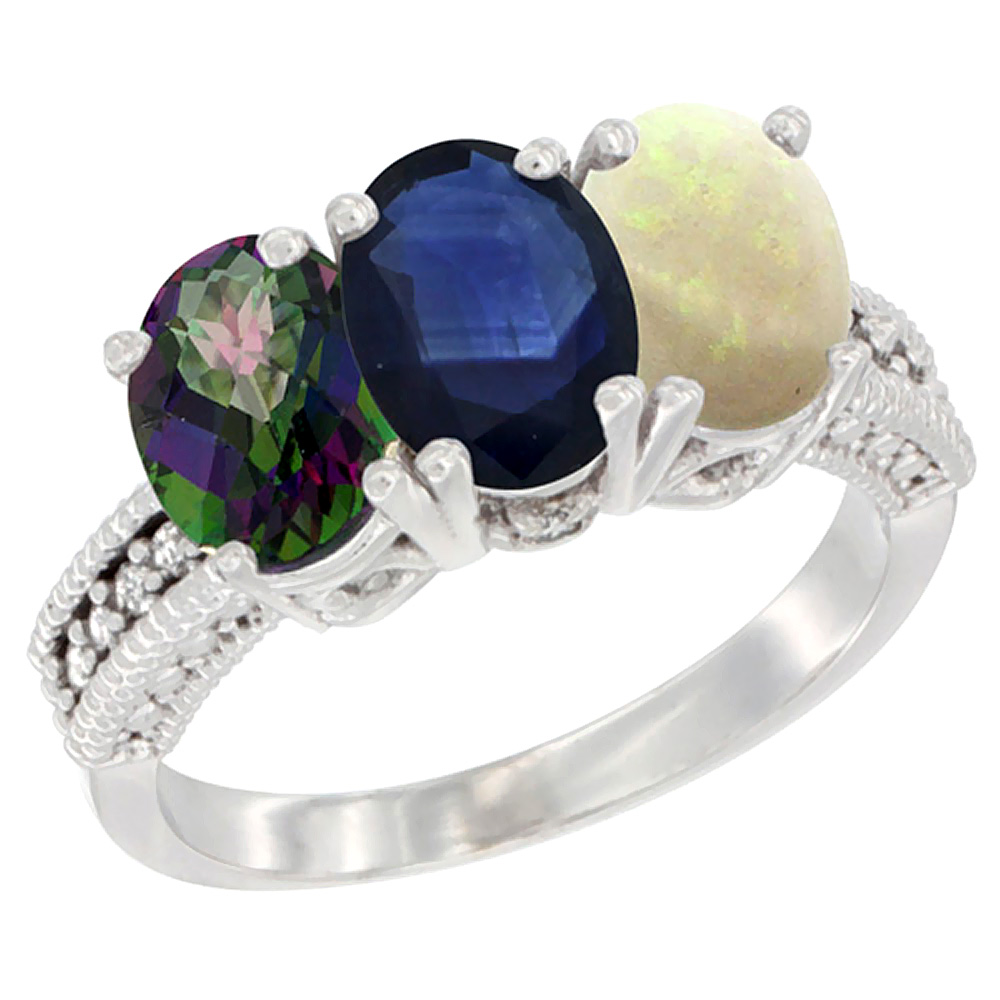 10K White Gold Natural Mystic Topaz, Blue Sapphire &amp; Opal Ring 3-Stone Oval 7x5 mm Diamond Accent, sizes 5 - 10