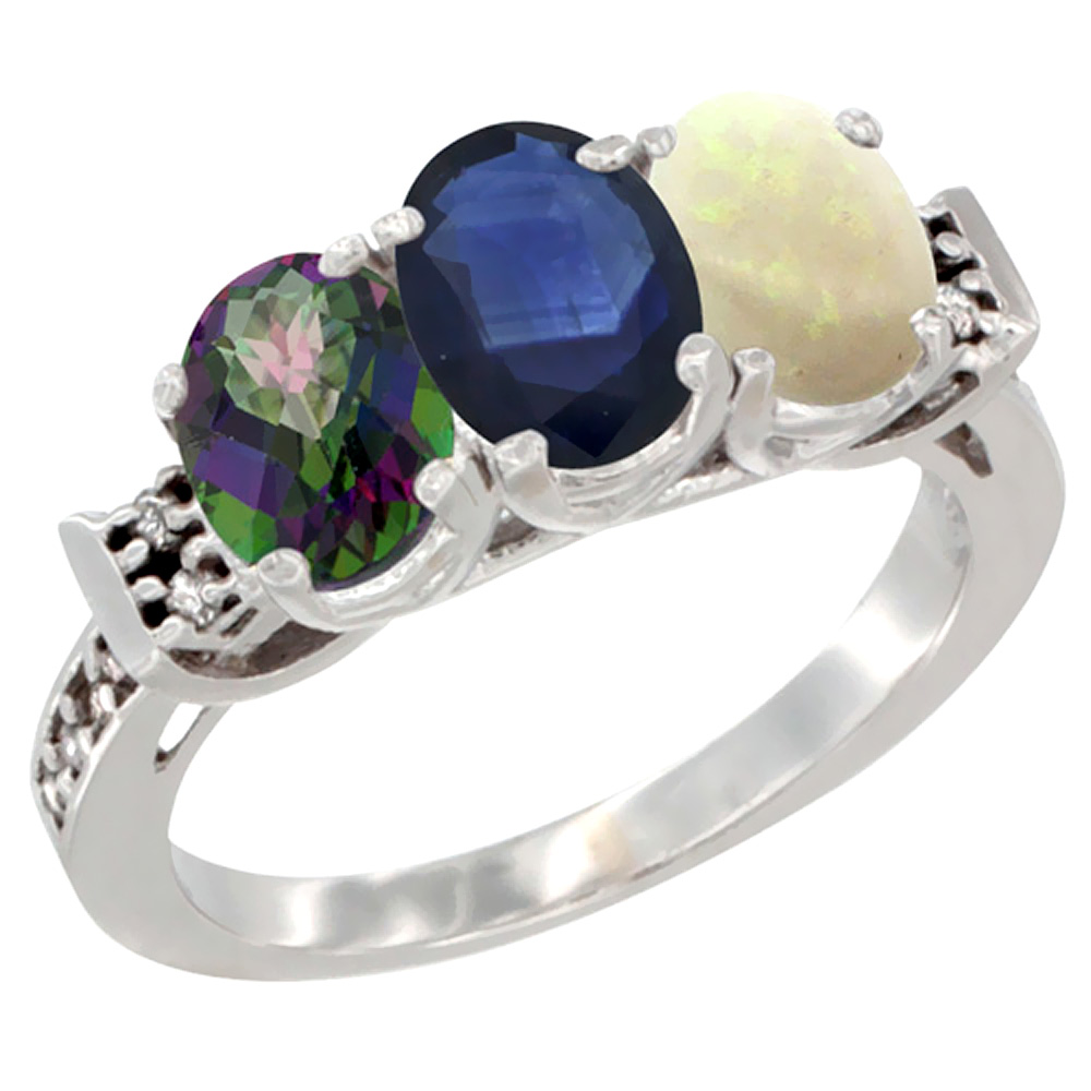 14K White Gold Natural Mystic Topaz, Blue Sapphire &amp; Opal Ring 3-Stone 7x5 mm Oval Diamond Accent, sizes 5 - 10