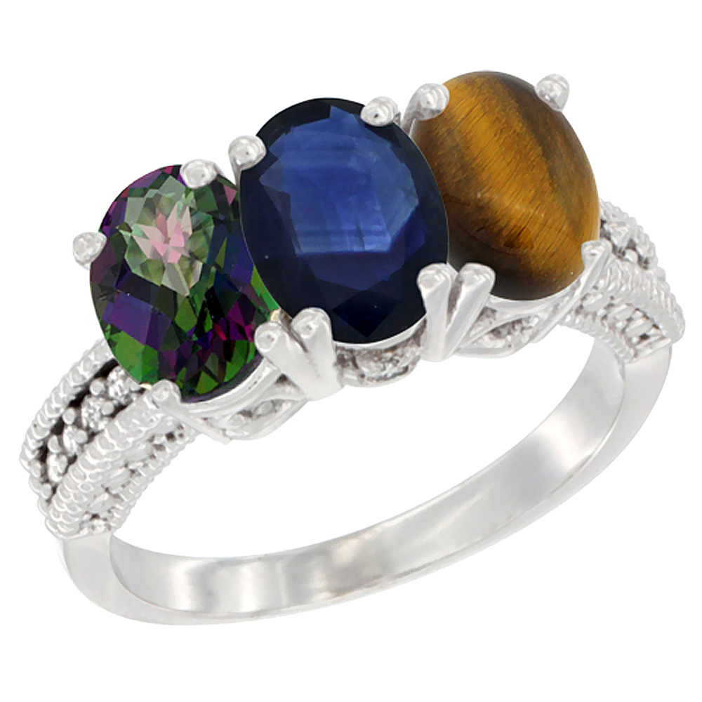 14K White Gold Natural Mystic Topaz, Blue Sapphire &amp; Tiger Eye Ring 3-Stone 7x5 mm Oval Diamond Accent, sizes 5 - 10