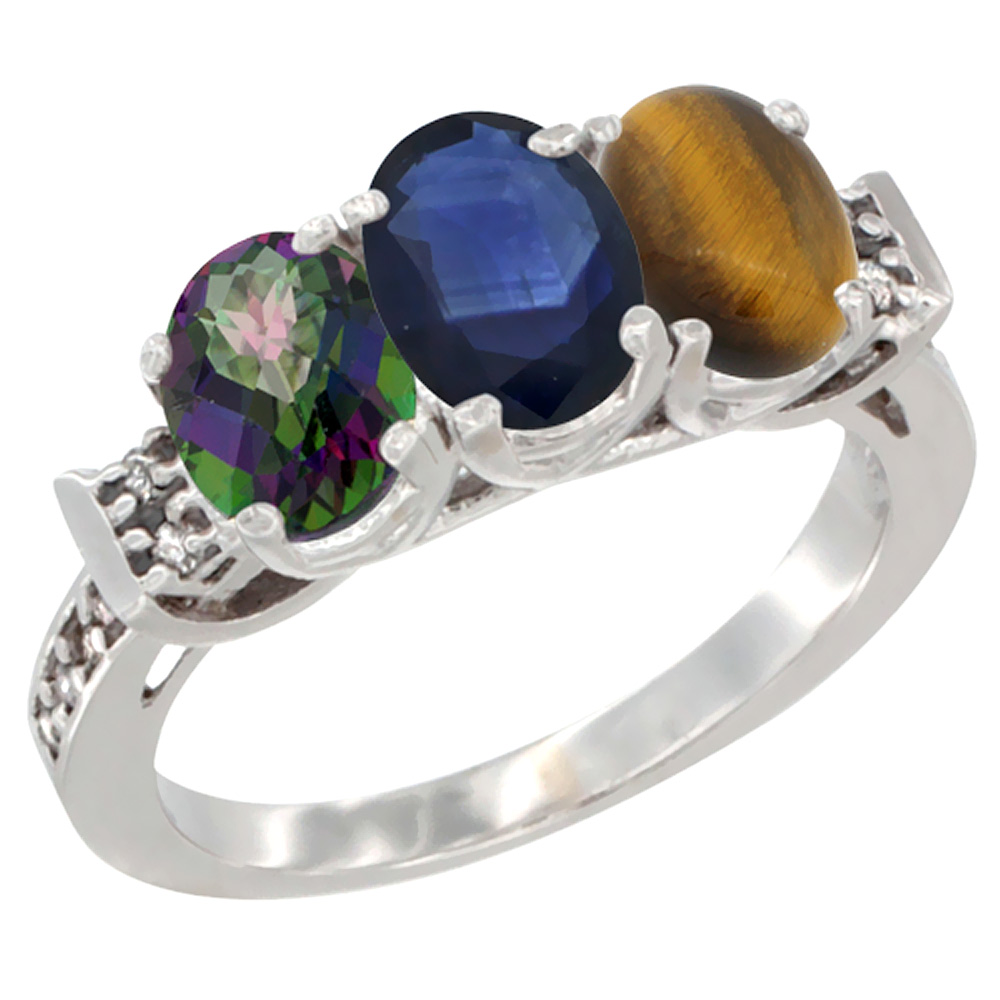 10K White Gold Natural Mystic Topaz, Blue Sapphire & Tiger Eye Ring 3-Stone Oval 7x5 mm Diamond Accent, sizes 5 - 10