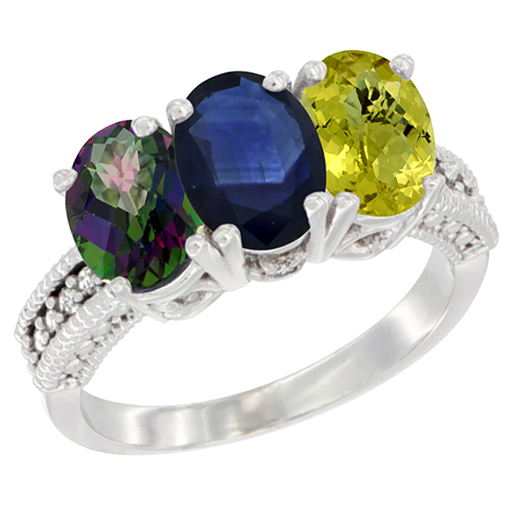 14K White Gold Natural Mystic Topaz, Blue Sapphire &amp; Lemon Quartz Ring 3-Stone 7x5 mm Oval Diamond Accent, sizes 5 - 10