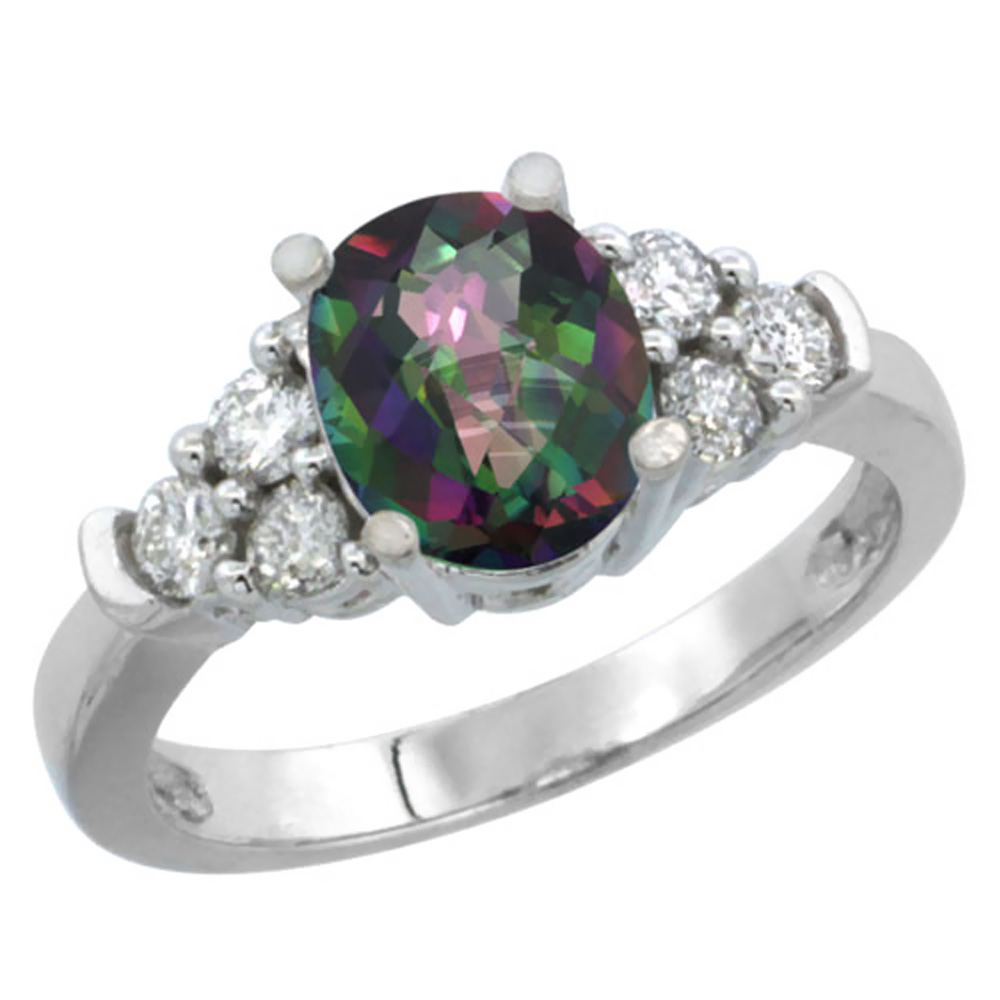10K White Gold Natural Mystic Topaz Ring Oval 9x7mm Diamond Accent, sizes 5-10