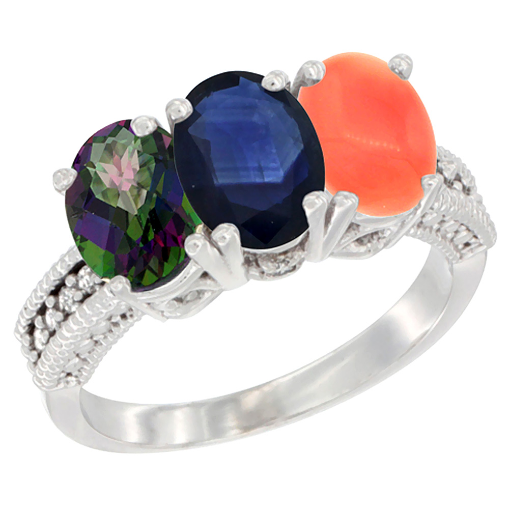 14K White Gold Natural Mystic Topaz, Blue Sapphire & Coral Ring 3-Stone 7x5 mm Oval Diamond Accent, sizes 5 - 10