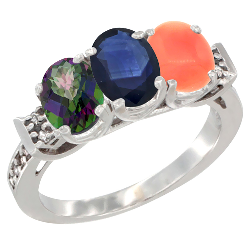 14K White Gold Natural Mystic Topaz, Blue Sapphire &amp; Coral Ring 3-Stone 7x5 mm Oval Diamond Accent, sizes 5 - 10