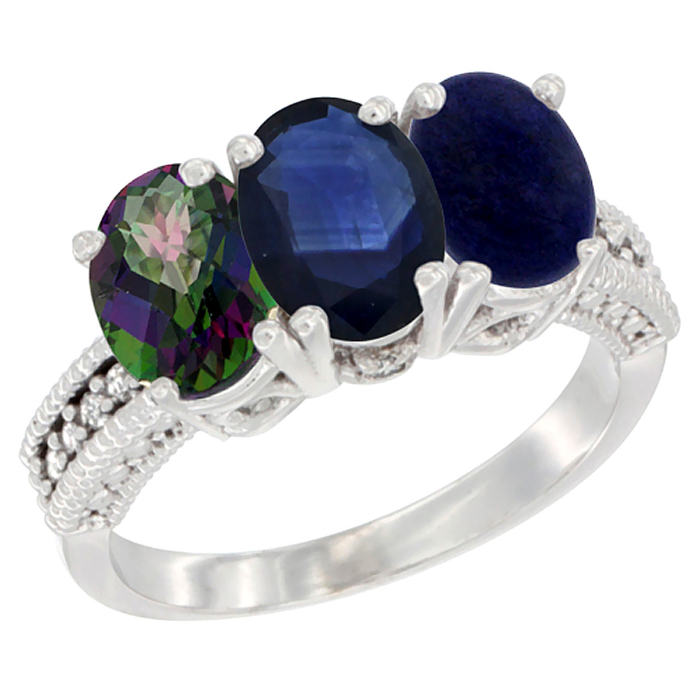 10K White Gold Natural Mystic Topaz, Blue Sapphire & Lapis Ring 3-Stone Oval 7x5 mm Diamond Accent, sizes 5 - 10