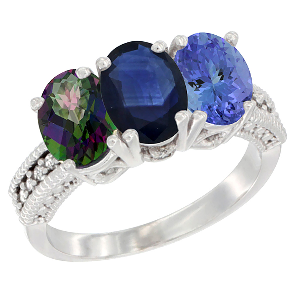 14K White Gold Natural Mystic Topaz, Blue Sapphire &amp; Tanzanite Ring 3-Stone 7x5 mm Oval Diamond Accent, sizes 5 - 10