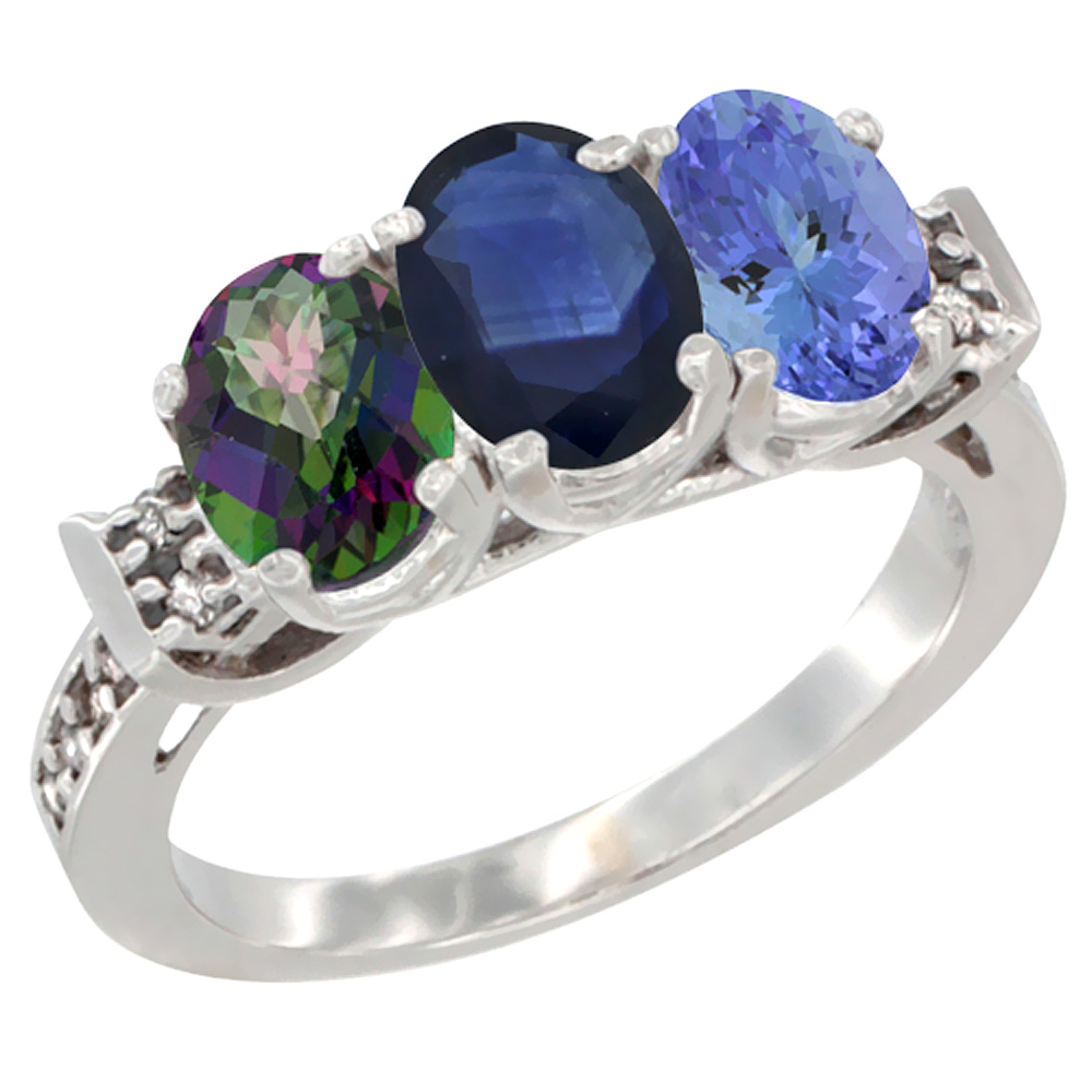 14K White Gold Natural Mystic Topaz, Blue Sapphire & Tanzanite Ring 3-Stone 7x5 mm Oval Diamond Accent, sizes 5 - 10