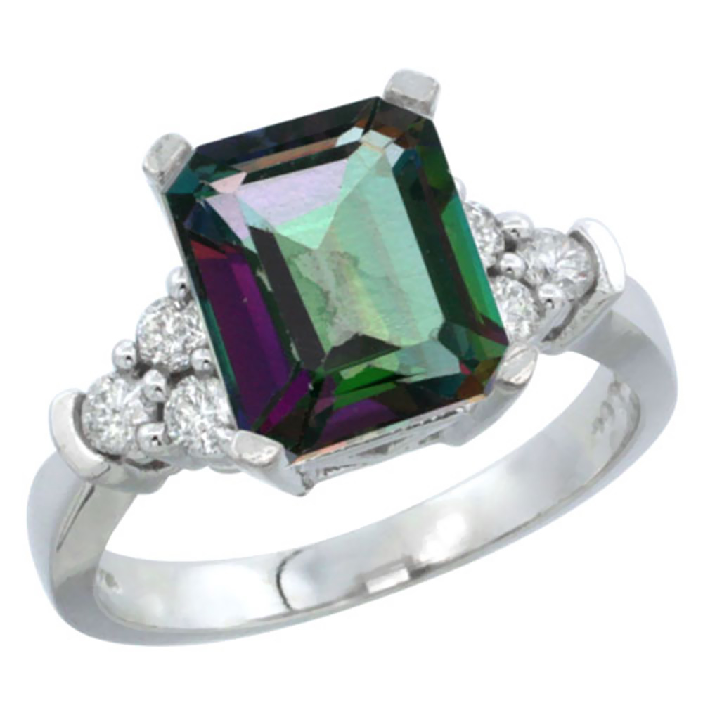 10K White Gold Natural Mystic Topaz Ring Octagon 9x7mm Diamond Accent, sizes 5-10