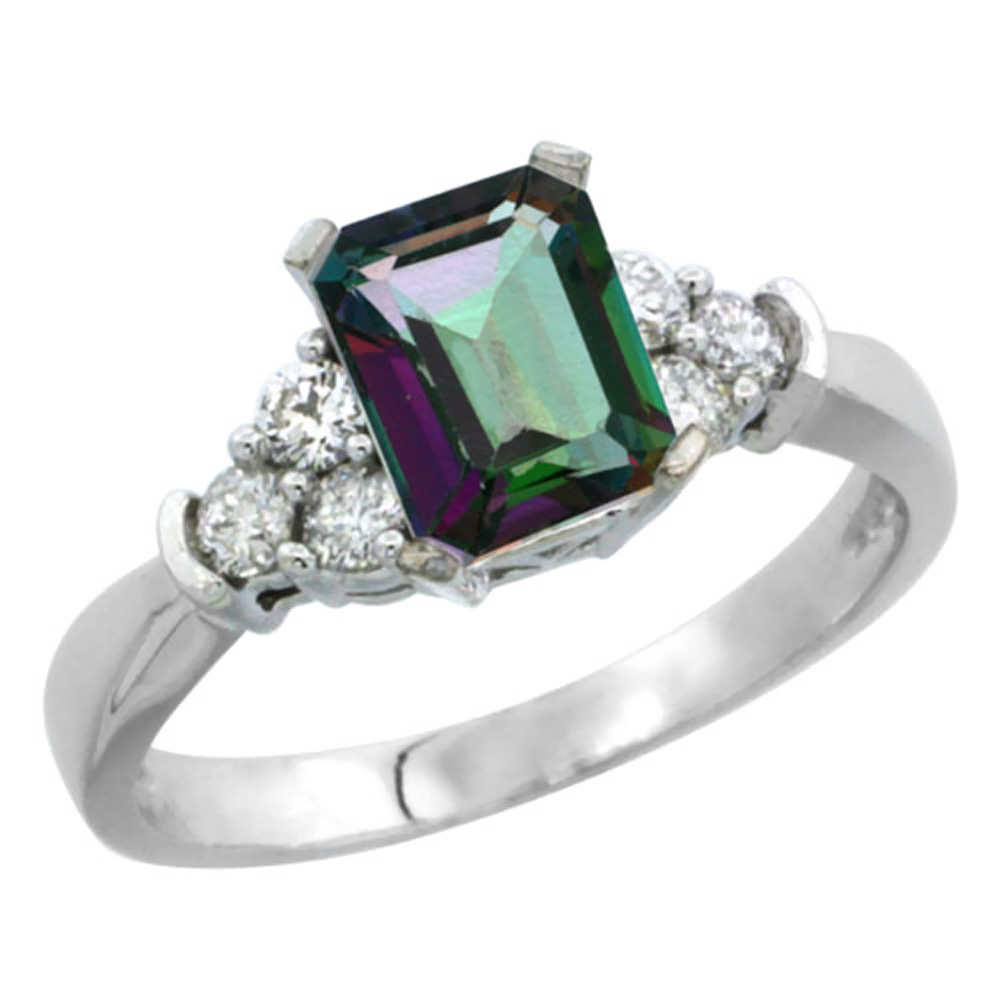 14K White Gold Natural Mystic Topaz Ring Octagon 7x5mm Diamond Accent, sizes 5-10