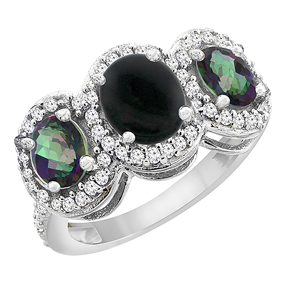 10K White Gold Natural Black Onyx & Mystic Topaz 3-Stone Ring Oval Diamond Accent, sizes 5 - 10