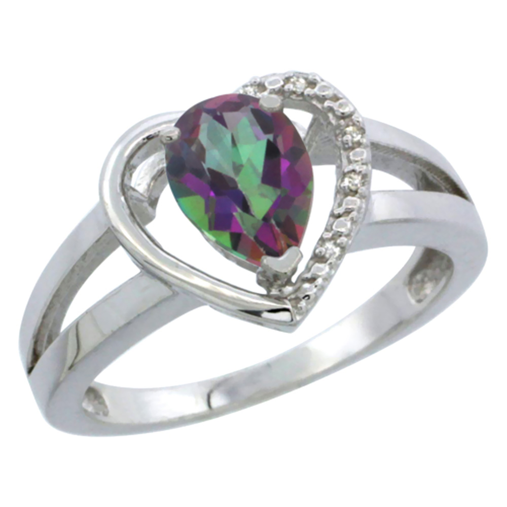 14K White Gold Natural Mystic Topaz Heart Ring Pear 7x5 mm Diamond Accent, sizes 5-10
