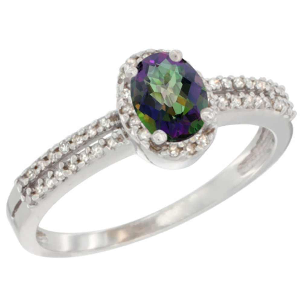 14K White Gold Natural Mystic Topaz Ring Oval 6x4mm Diamond Accent, sizes 5-10