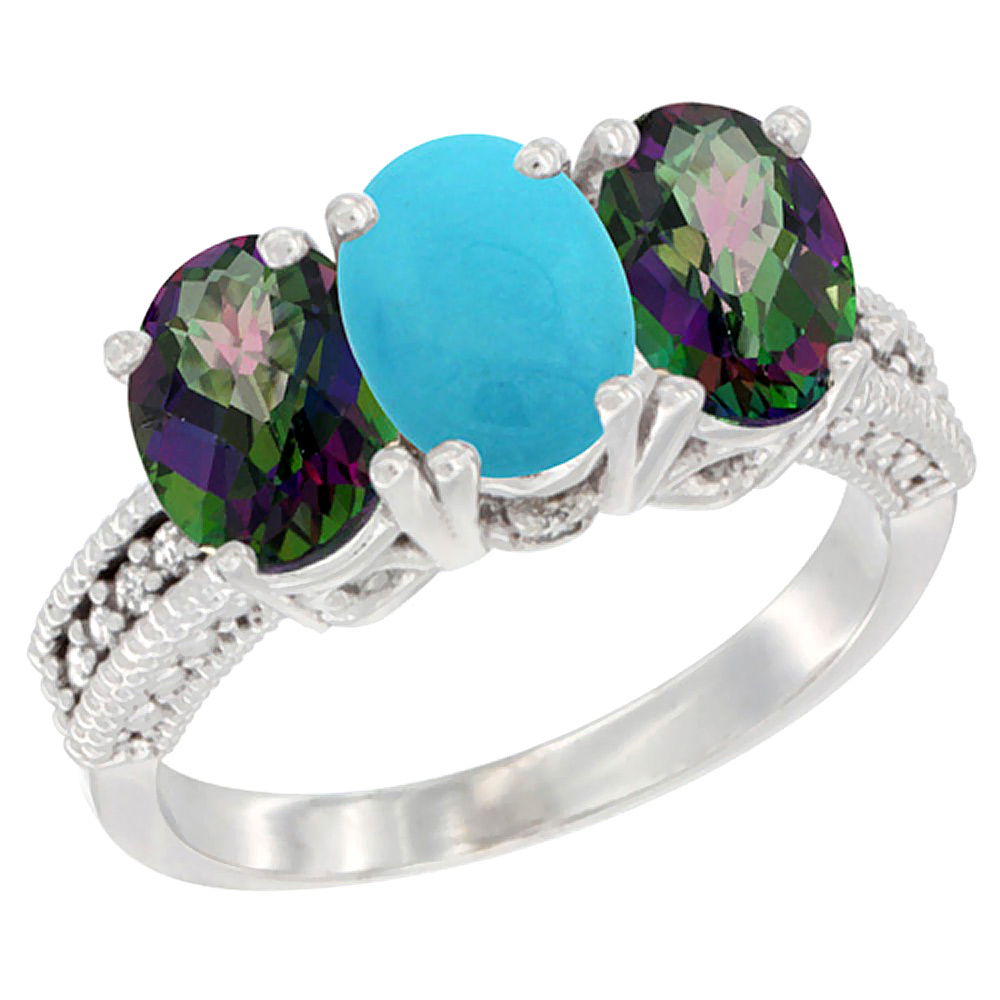 10K White Gold Natural Turquoise &amp; Mystic Topaz Sides Ring 3-Stone Oval 7x5 mm Diamond Accent, sizes 5 - 10