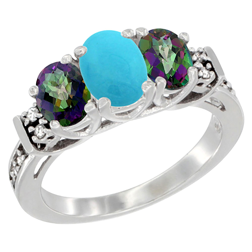 10K White Gold Natural Turquoise &amp; Mystic Topaz Ring 3-Stone Oval Diamond Accent, sizes 5-10