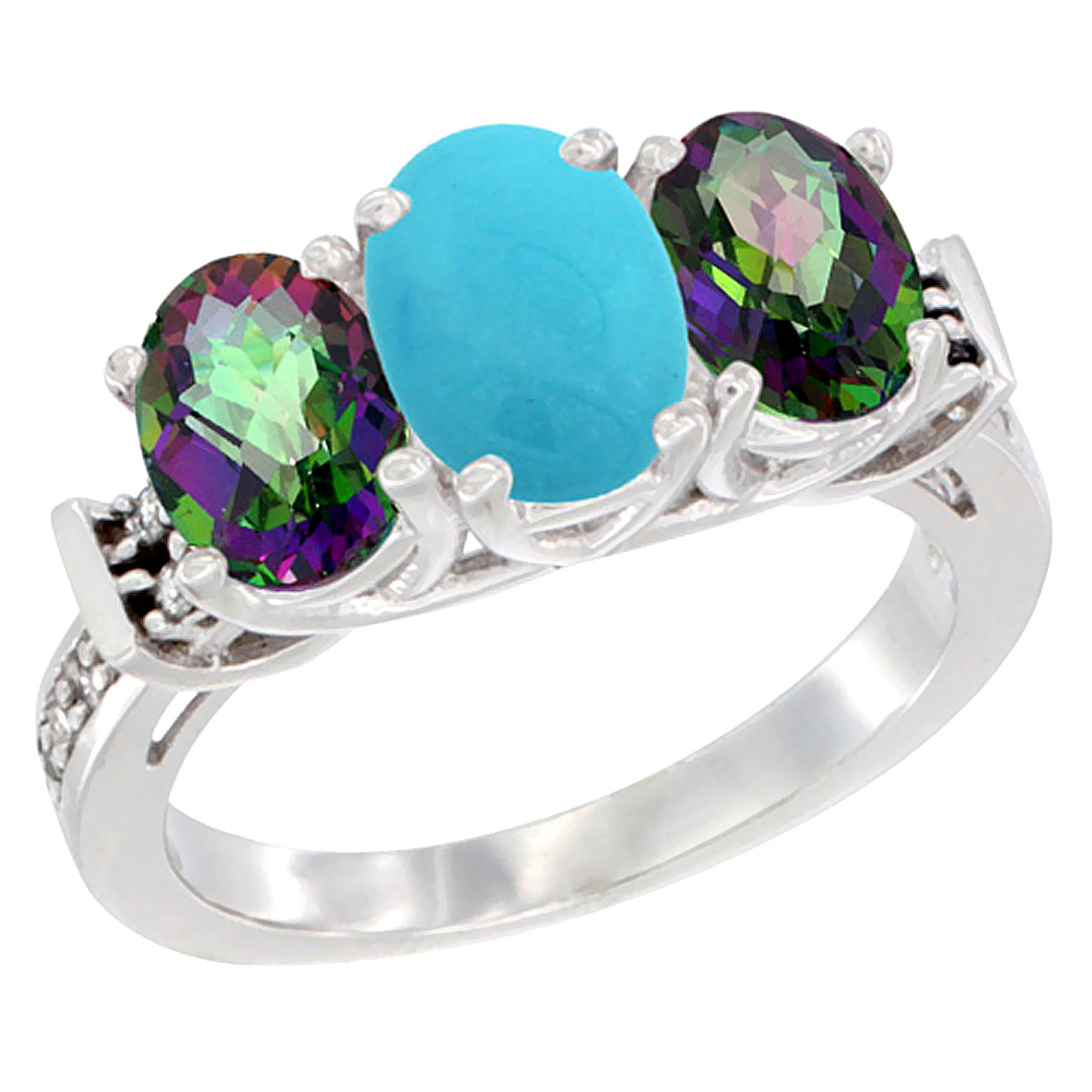 14K White Gold Natural Turquoise &amp; Mystic Topaz Sides Ring 3-Stone Oval Diamond Accent, sizes 5 - 10