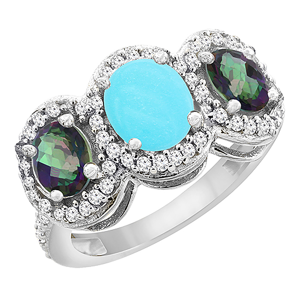 10K White Gold Natural Turquoise &amp; Mystic Topaz 3-Stone Ring Oval Diamond Accent, sizes 5 - 10