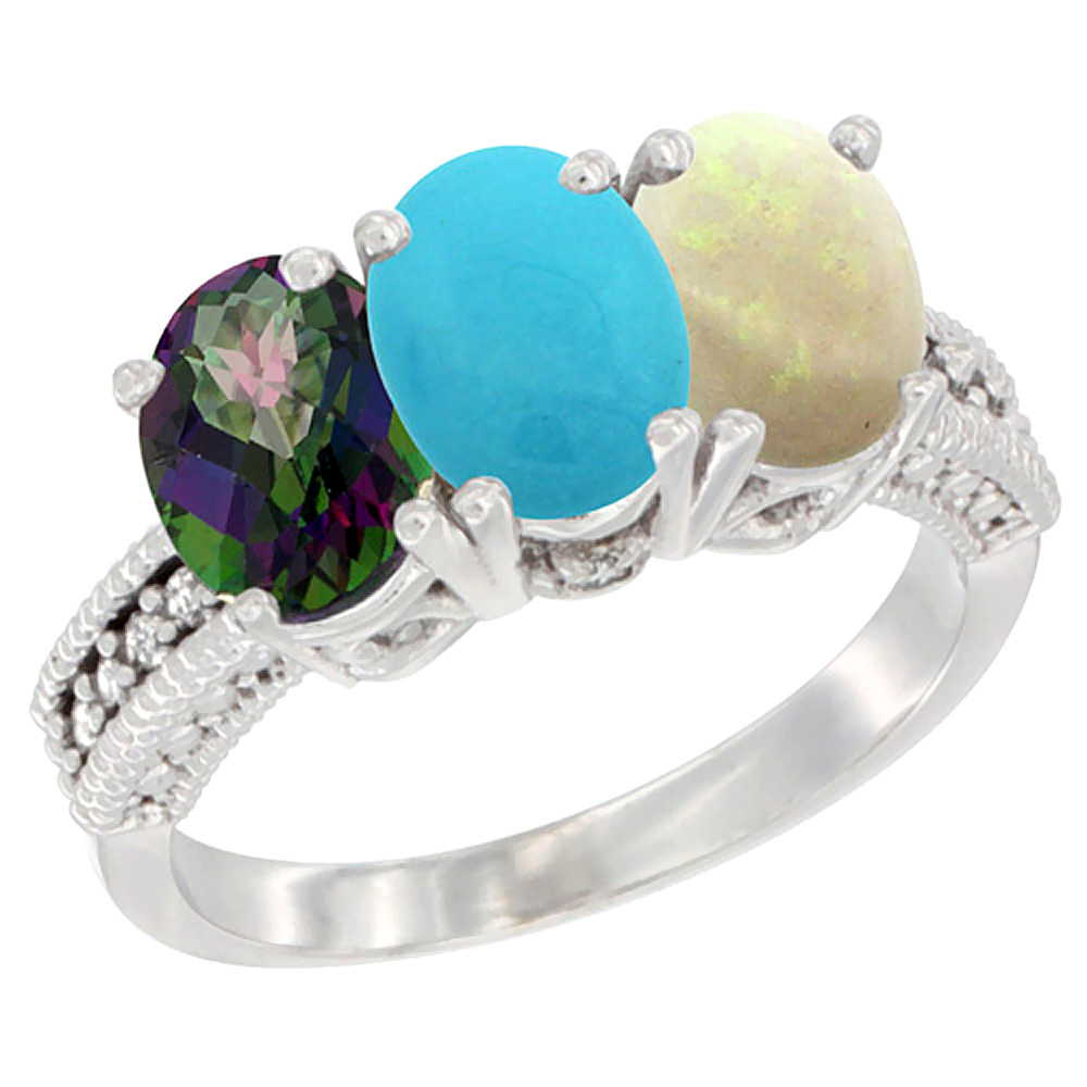 14K White Gold Natural Mystic Topaz, Turquoise & Opal Ring 3-Stone 7x5 mm Oval Diamond Accent, sizes 5 - 10