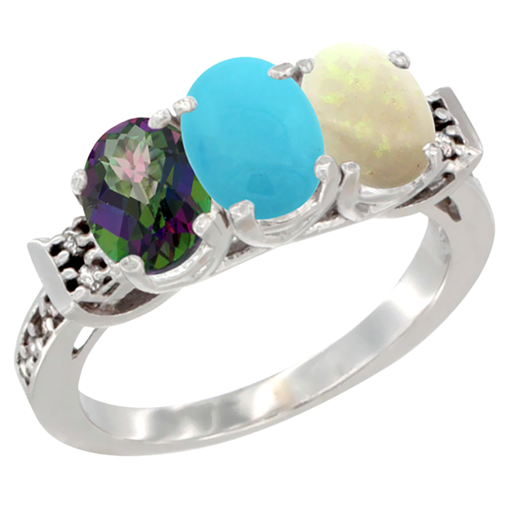 14K White Gold Natural Mystic Topaz, Turquoise &amp; Opal Ring 3-Stone 7x5 mm Oval Diamond Accent, sizes 5 - 10