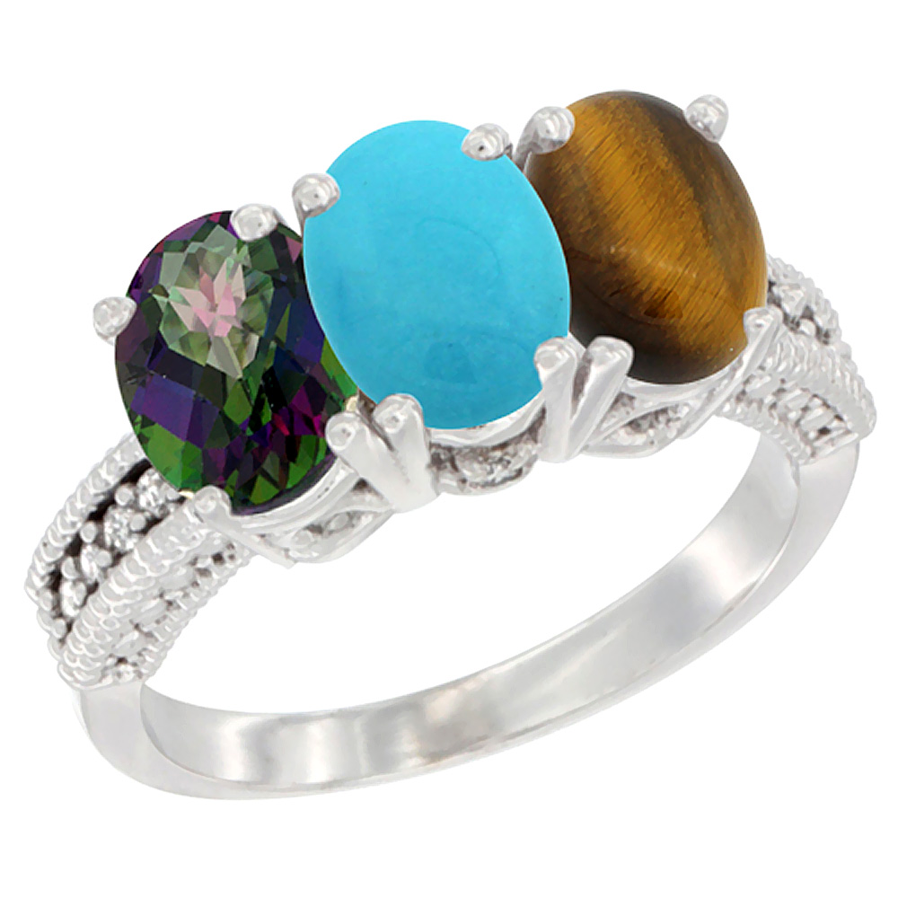 14K White Gold Natural Mystic Topaz, Turquoise & Tiger Eye Ring 3-Stone 7x5 mm Oval Diamond Accent, sizes 5 - 10
