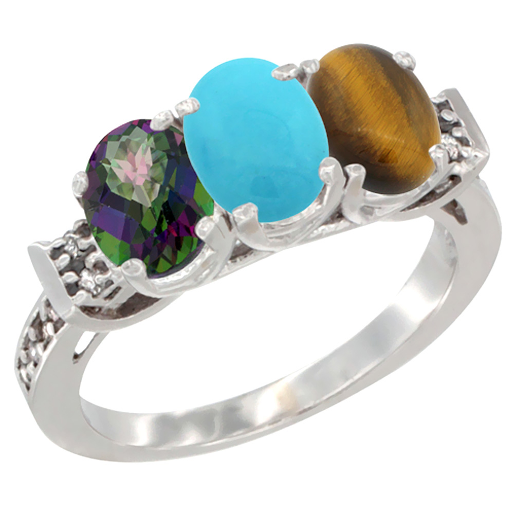 14K White Gold Natural Mystic Topaz, Turquoise &amp; Tiger Eye Ring 3-Stone 7x5 mm Oval Diamond Accent, sizes 5 - 10