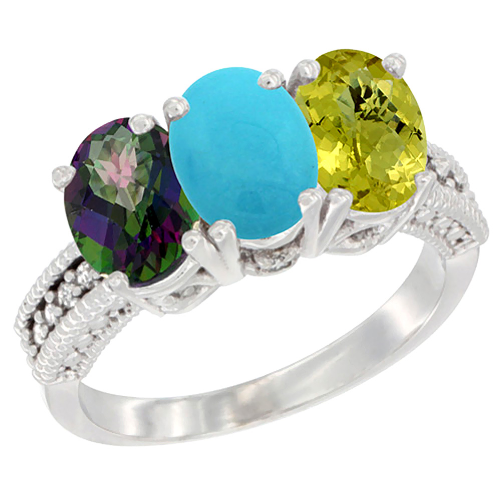 14K White Gold Natural Mystic Topaz, Turquoise & Lemon Quartz Ring 3-Stone 7x5 mm Oval Diamond Accent, sizes 5 - 10