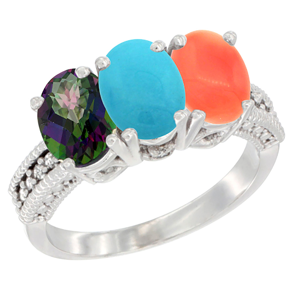 10K White Gold Natural Mystic Topaz, Turquoise &amp; Coral Ring 3-Stone Oval 7x5 mm Diamond Accent, sizes 5 - 10