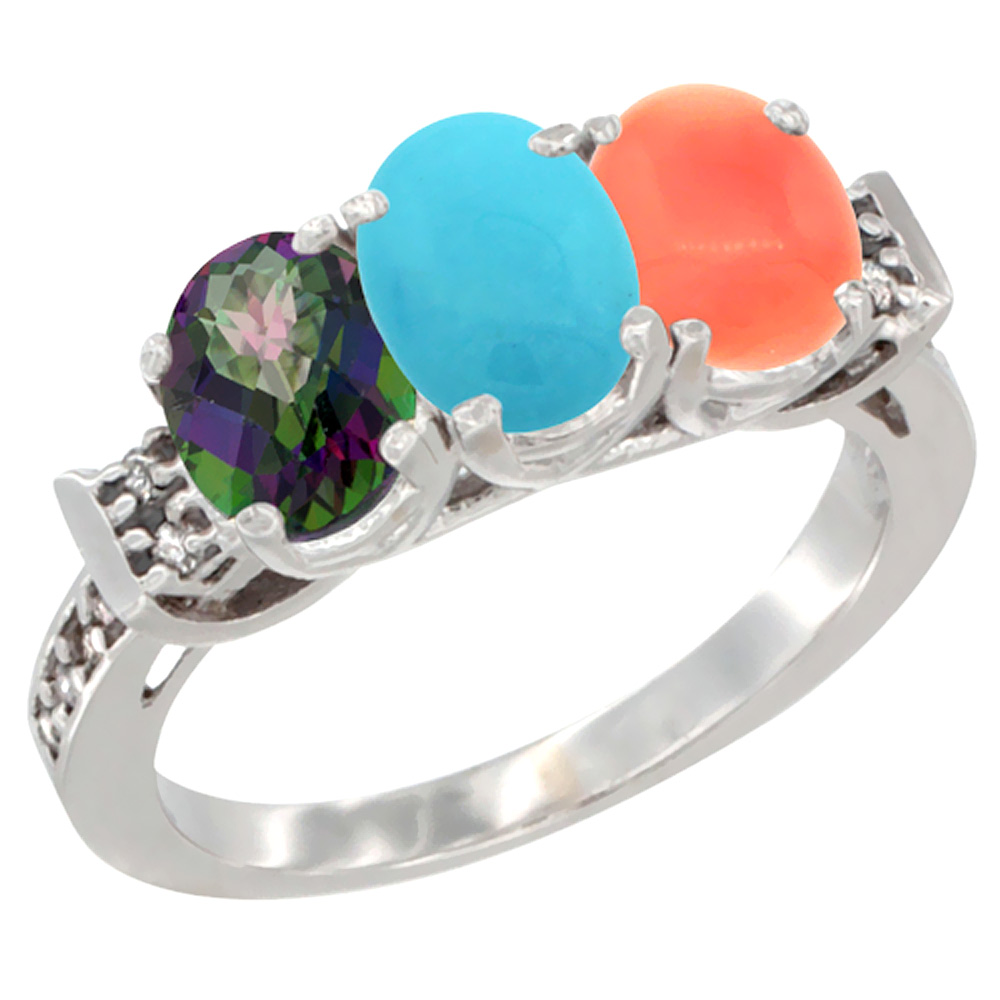 10K White Gold Natural Mystic Topaz, Turquoise & Coral Ring 3-Stone Oval 7x5 mm Diamond Accent, sizes 5 - 10
