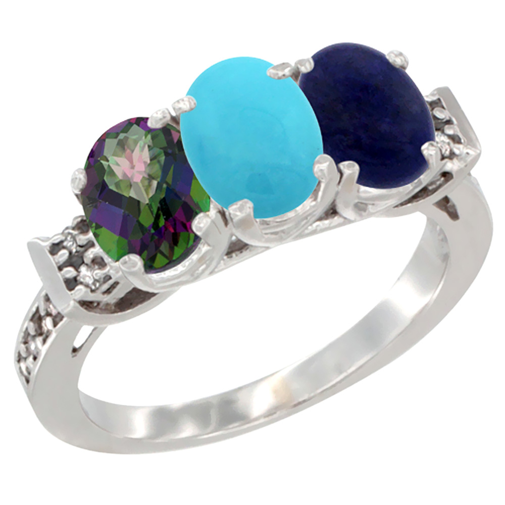 10K White Gold Natural Mystic Topaz, Turquoise &amp; Lapis Ring 3-Stone Oval 7x5 mm Diamond Accent, sizes 5 - 10