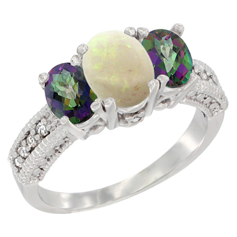 10K White Gold Diamond Natural Opal Ring Oval 3-stone with Mystic Topaz, sizes 5 - 10