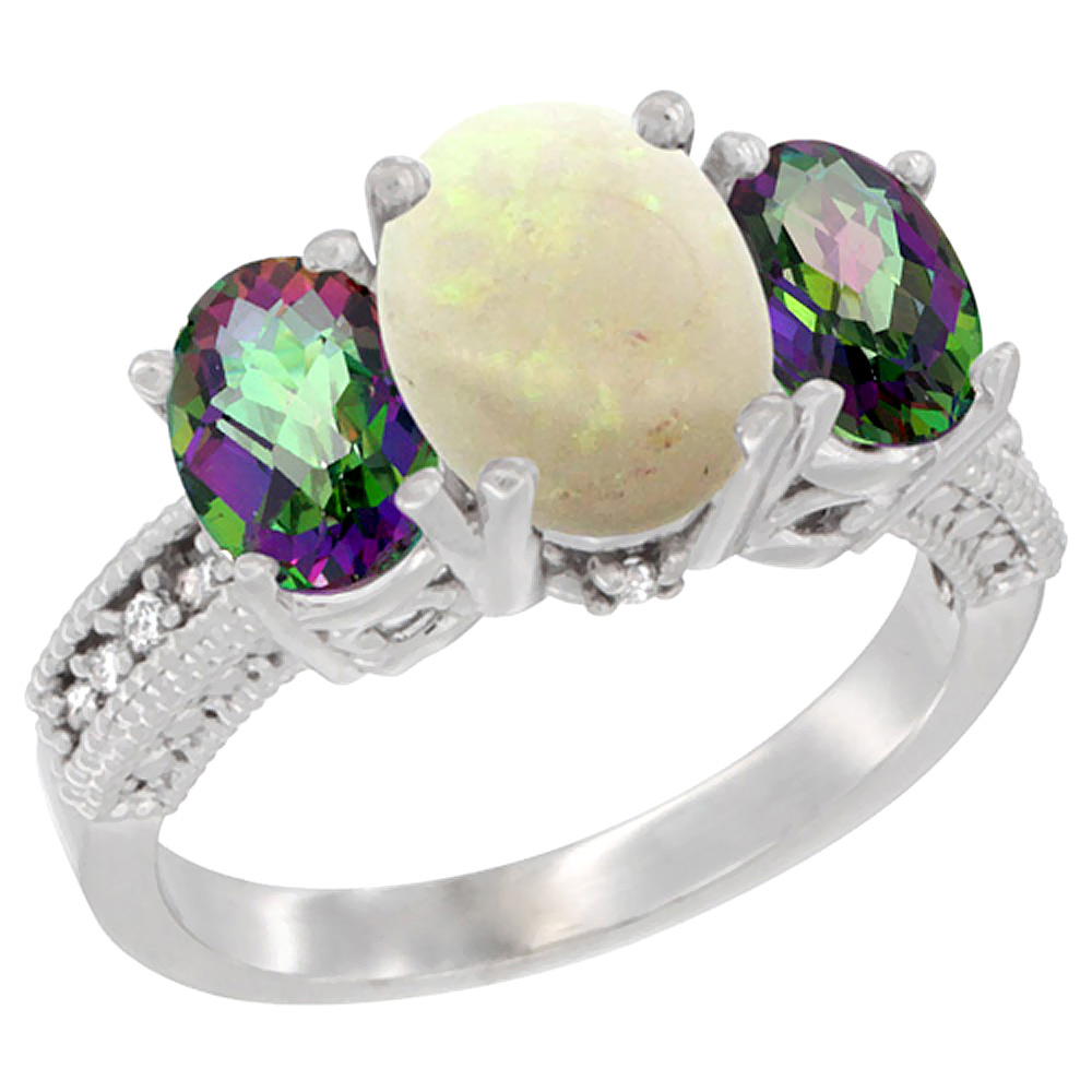 14K White Gold Diamond Natural Opal Ring 3-Stone Oval 8x6mm with Mystic Topaz, sizes5-10