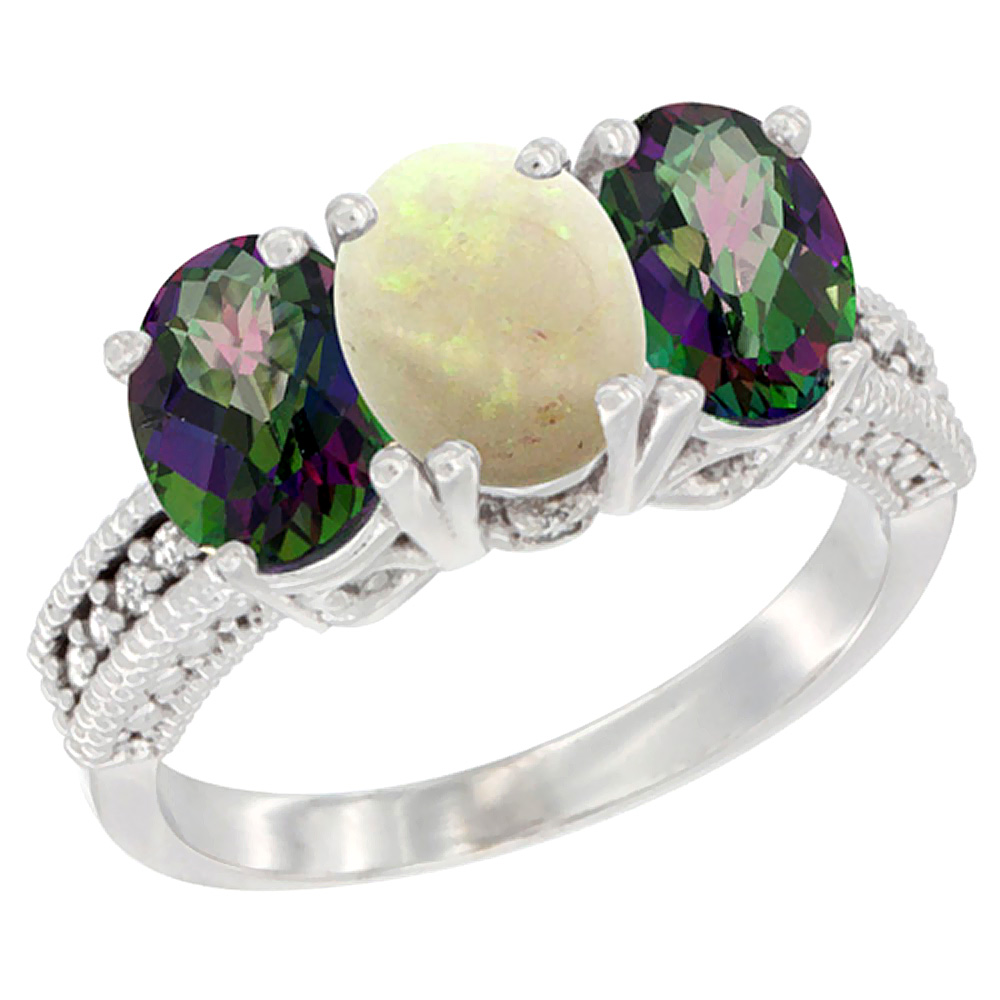 14K White Gold Natural Opal &amp; Mystic Topaz Sides Ring 3-Stone 7x5 mm Oval Diamond Accent, sizes 5 - 10