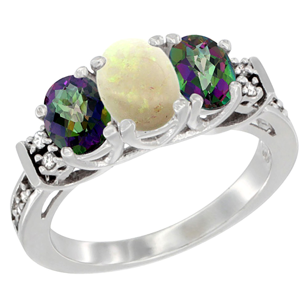 14K White Gold Natural Opal & Mystic Topaz Ring 3-Stone Oval Diamond Accent, sizes 5-10