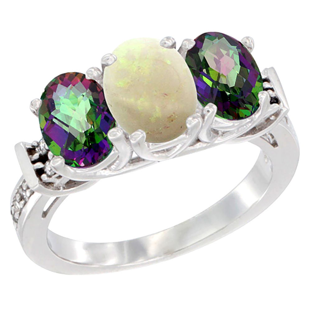 14K White Gold Natural Opal &amp; Mystic Topaz Sides Ring 3-Stone Oval Diamond Accent, sizes 5 - 10