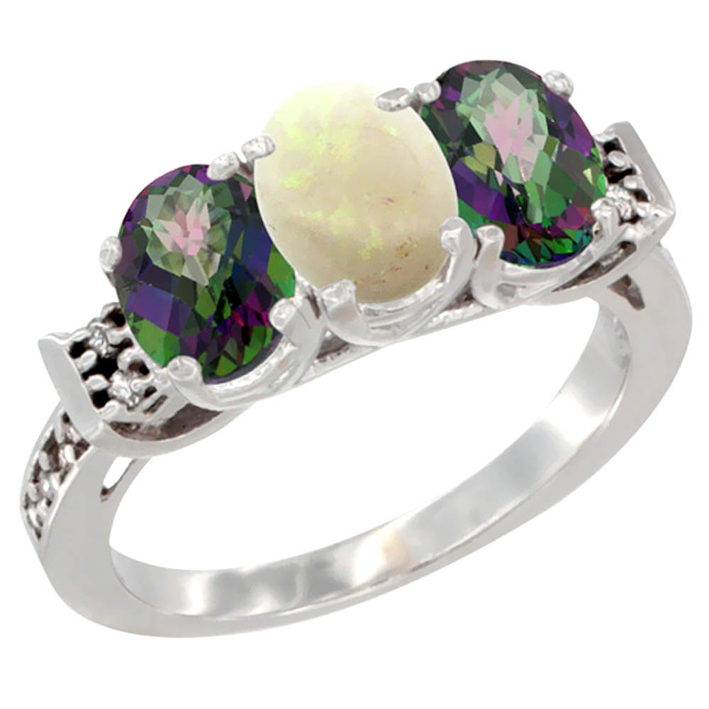 14K White Gold Natural Opal & Mystic Topaz Sides Ring 3-Stone 7x5 mm Oval Diamond Accent, sizes 5 - 10