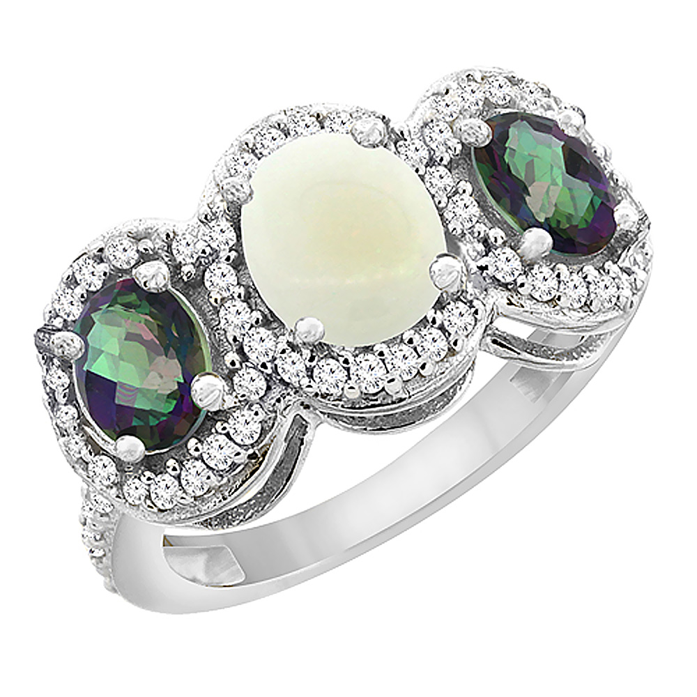 14K White Gold Natural Opal &amp; Mystic Topaz 3-Stone Ring Oval Diamond Accent, sizes 5 - 10
