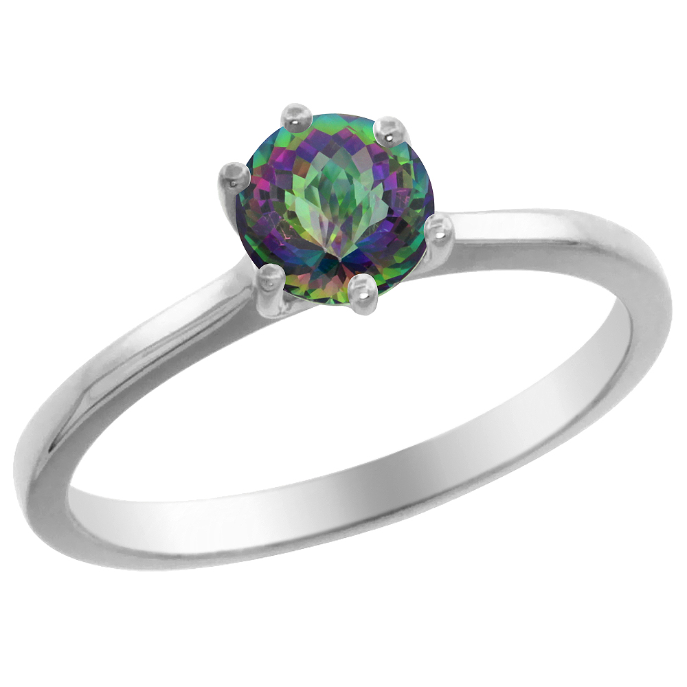 14K White Gold Natural Mystic Topaz Solitaire Ring Round 6mm, sizes 5 - 10