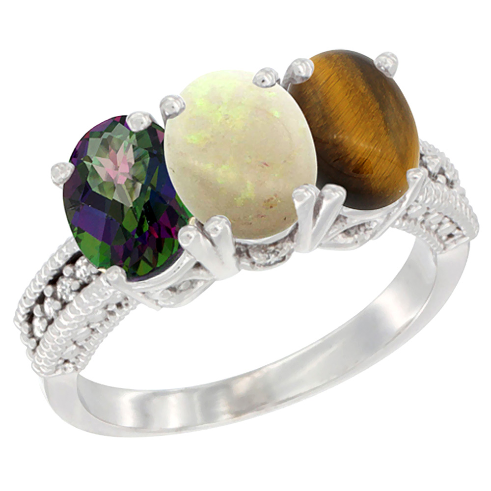 10K White Gold Natural Mystic Topaz, Opal & Tiger Eye Ring 3-Stone Oval 7x5 mm Diamond Accent, sizes 5 - 10