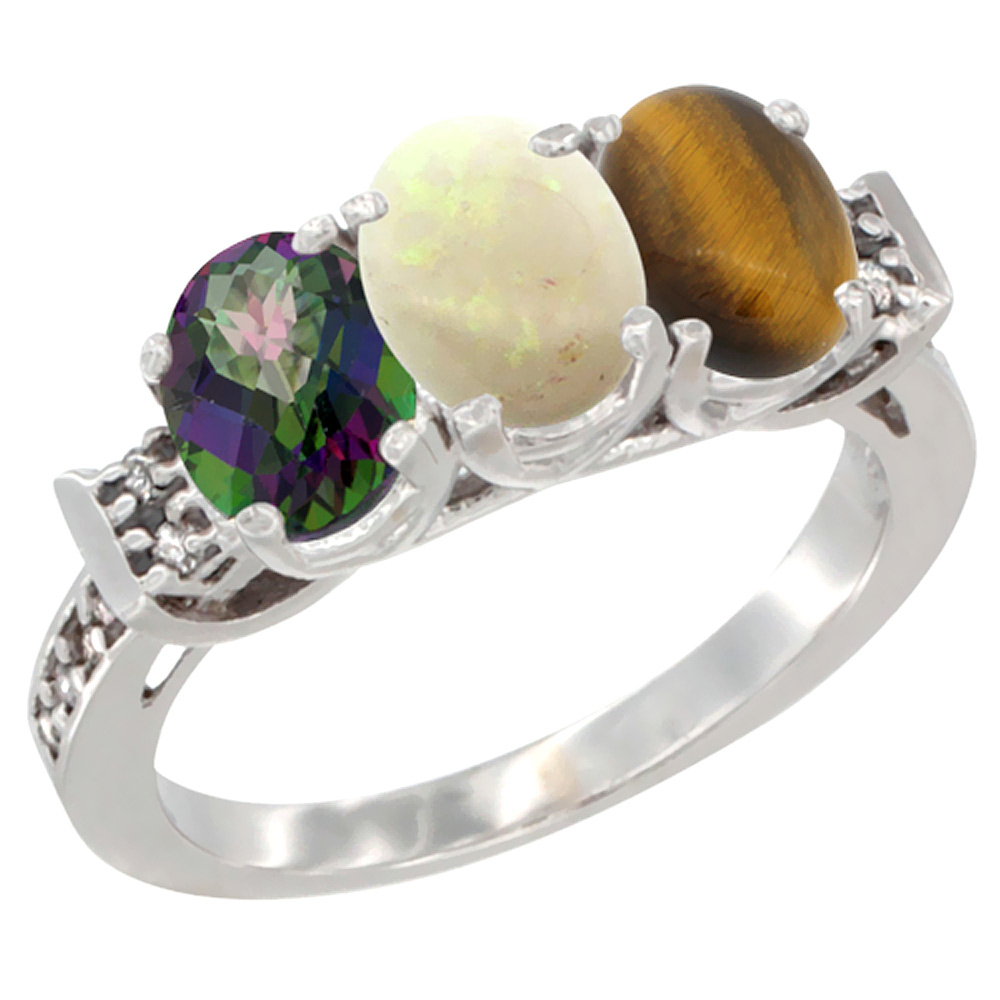 10K White Gold Natural Mystic Topaz, Opal & Tiger Eye Ring 3-Stone Oval 7x5 mm Diamond Accent, sizes 5 - 10