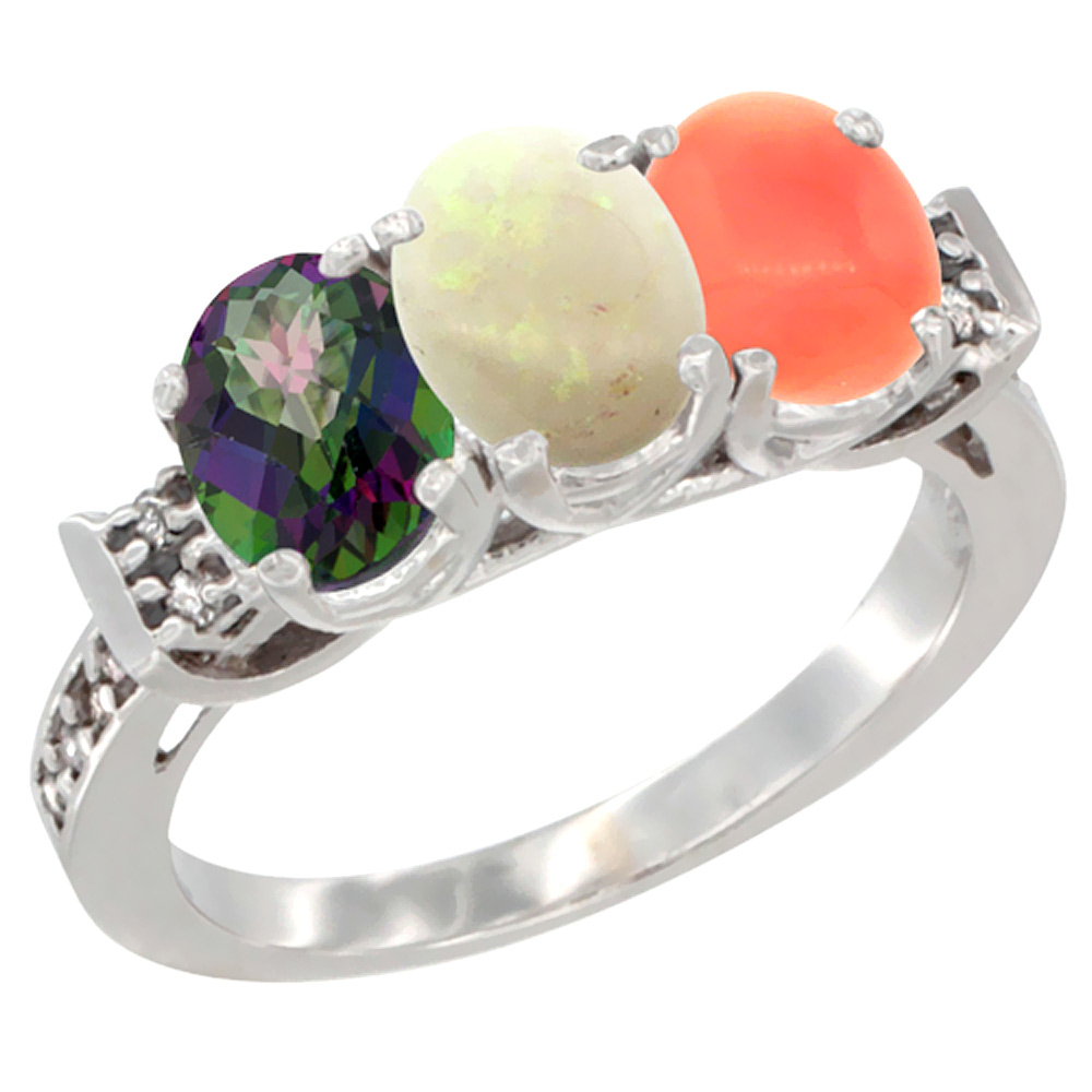 10K White Gold Natural Mystic Topaz, Opal & Coral Ring 3-Stone Oval 7x5 mm Diamond Accent, sizes 5 - 10