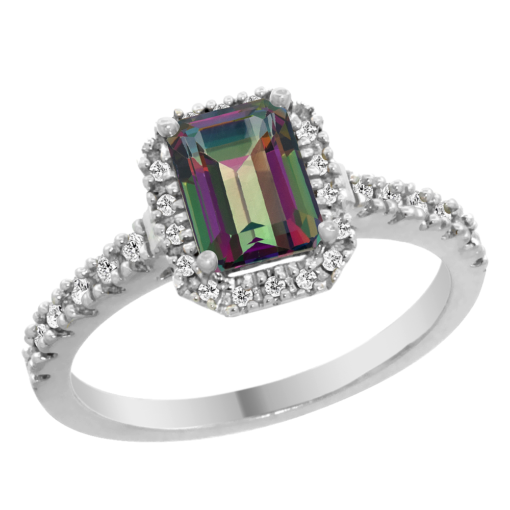14K White Gold Natural Mystic Topaz Engagement Ring Octagon 7x5 mm Diamond Accents, sizes 5 - 10