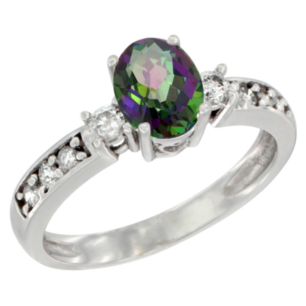 14K White Gold Natural Mystic Topaz Ring Oval 7x5 mm Diamond Accent, sizes 5 - 10