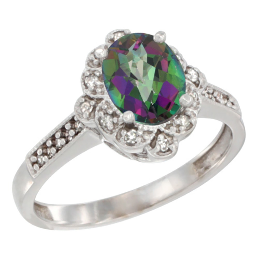 14K White Gold Natural Mystic Topaz Ring Oval 8x6 mm Floral Diamond Halo, sizes 5 - 10