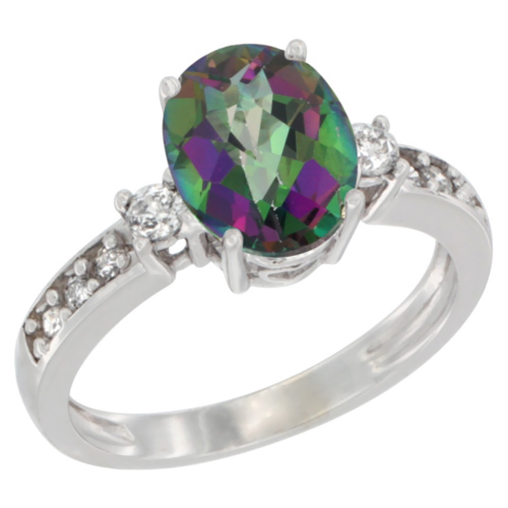 14K White Gold Natural Mystic Topaz Ring Oval 9x7 mm Diamond Accent, sizes 5 - 10