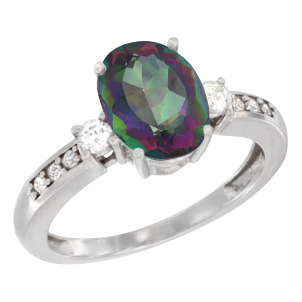 10k White Gold Natural Mystic Topaz Ring Oval 9x7 mm Diamond Accent, sizes 5 - 10