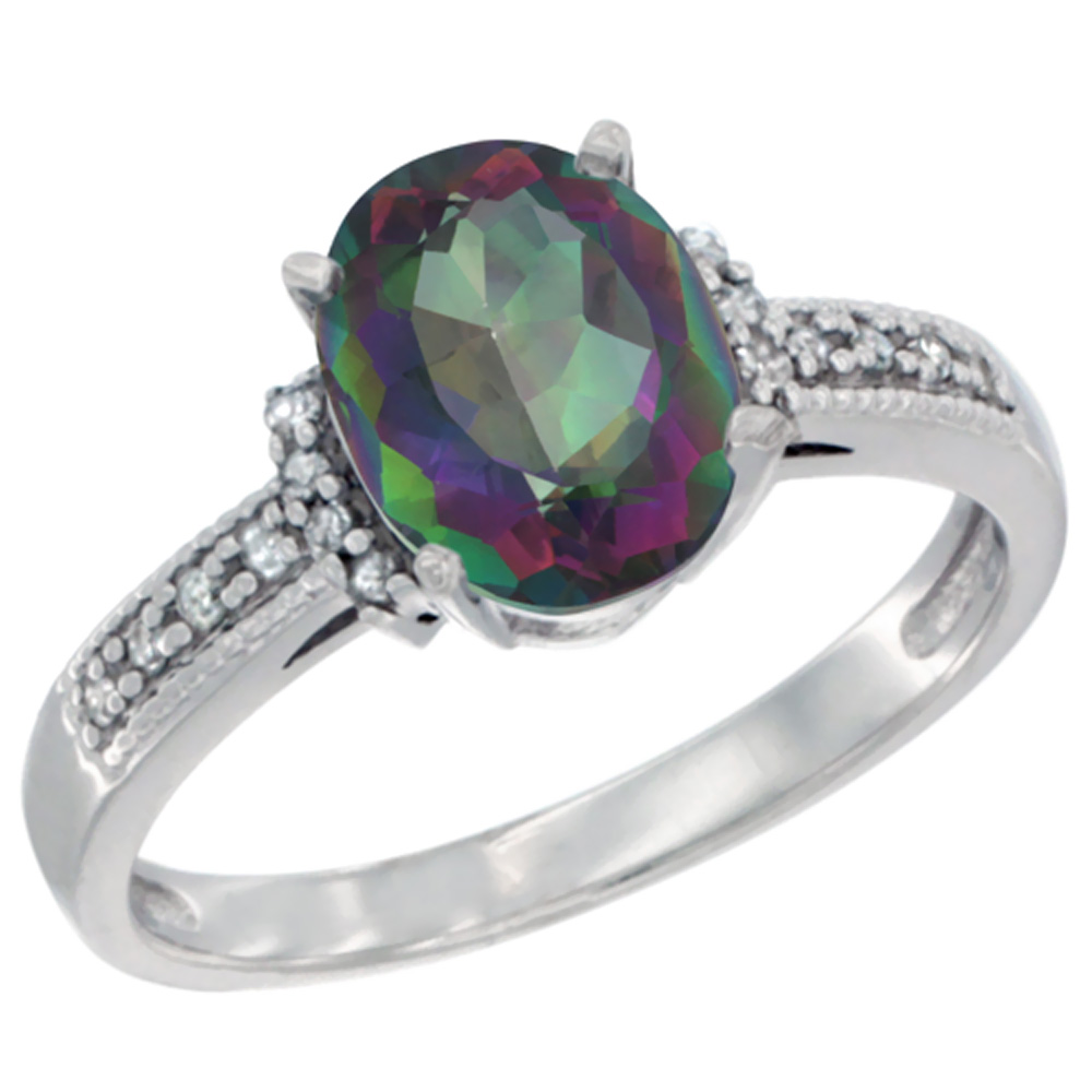 10K Yellow Gold Natural Mystic Topaz Ring Oval 9x7 mm Diamond Accent, sizes 5 - 10