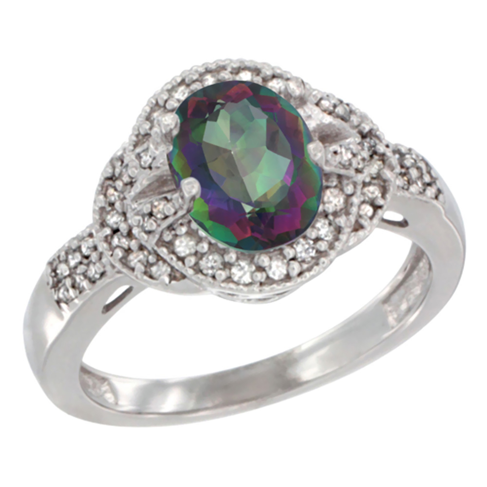 14K White Gold Natural Mystic Topaz Ring Oval 8x6 mm Diamond Accent, sizes 5 - 10