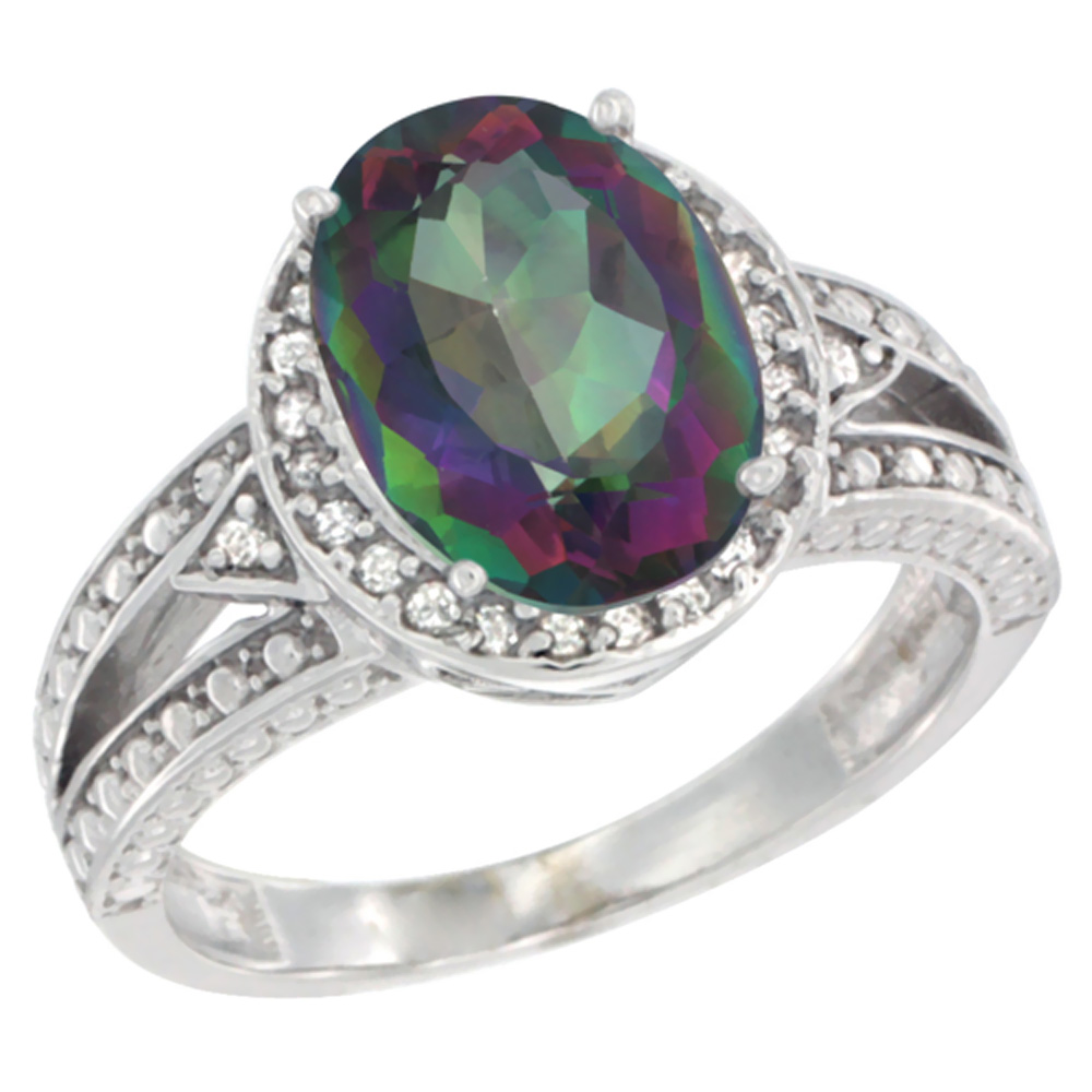 14K Yellow Gold Natural Mystic Topaz Ring Oval 9x7 mm Diamond Halo, sizes 5 - 10