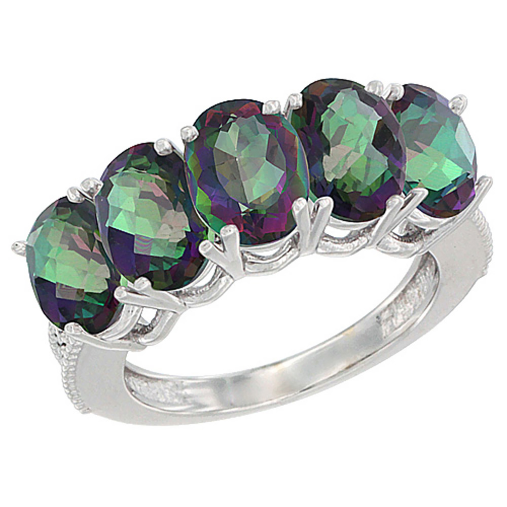 10K White Gold Natural Mystic Topaz 1 ct. Oval 7x5mm 5-Stone Mother's Ring with Diamond Accents, sizes 5 to 10 with half sizes