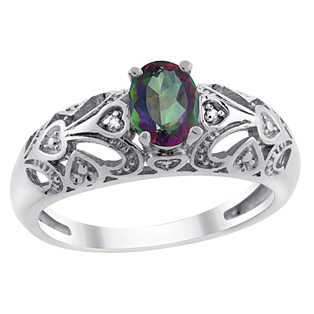 14K White Gold Natural Mystic Topaz Ring Oval 6x4 mm Diamond Accent, sizes 5 - 10