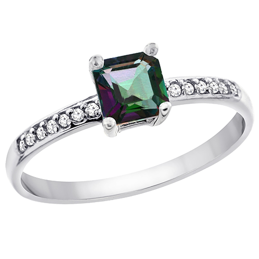 10K White Gold Natural Mystic Topaz Ring Octagon 7x5 mm Diamond Accents